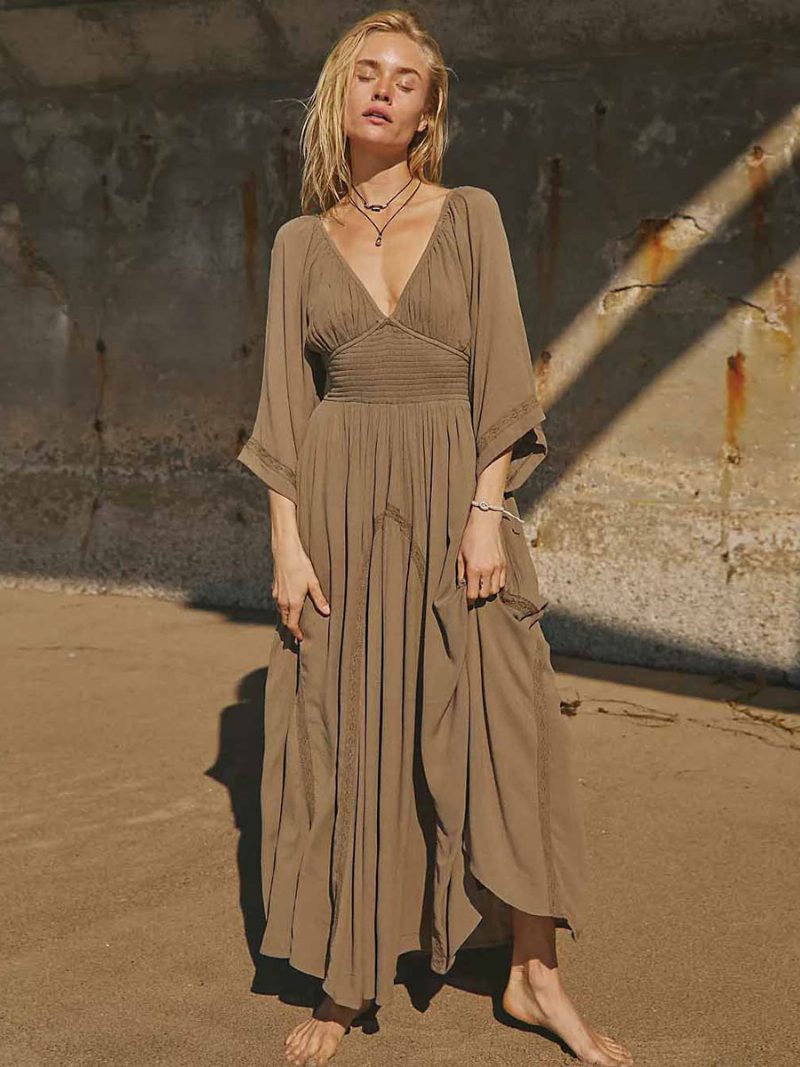 Damen Boho-kleid Plissiert V-ausschnitt Dreiviertelärmel Strand-maxikleider - Kaffeebraun