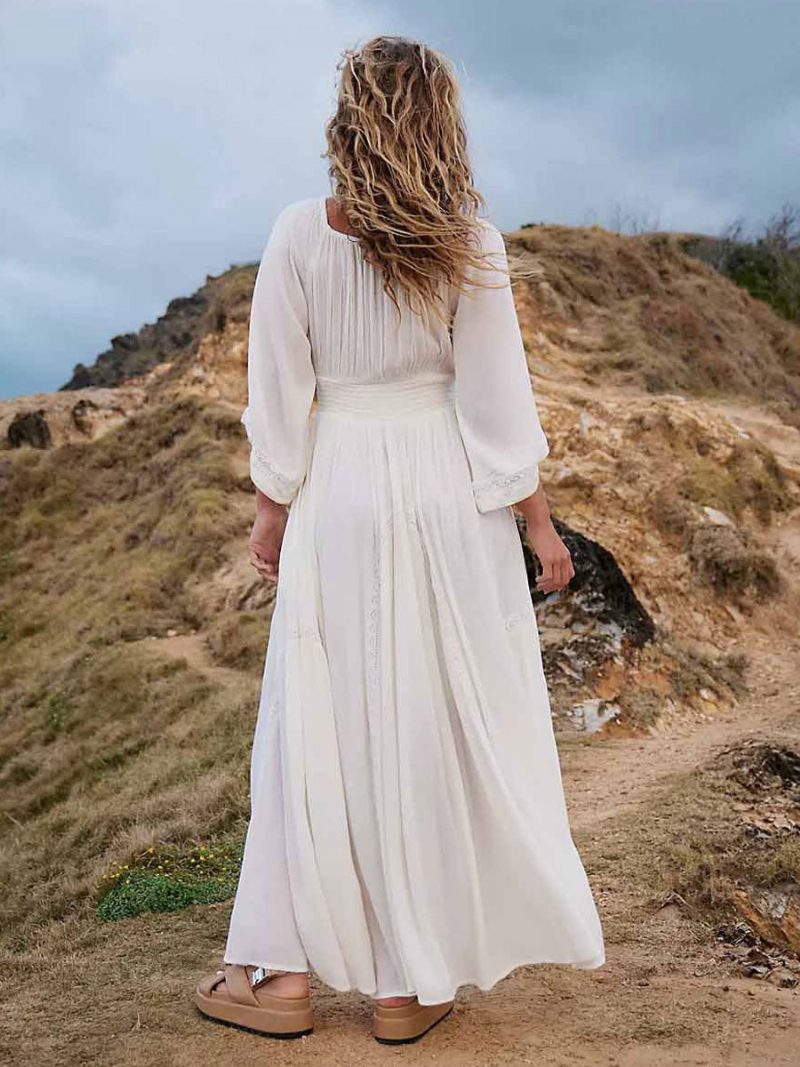 Damen Boho-kleid Plissiert V-ausschnitt Dreiviertelärmel Strand-maxikleider - Weiß