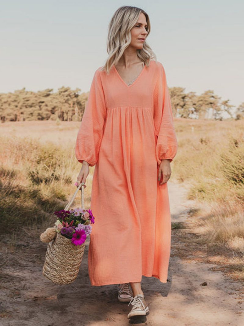 Damen Boho-kleid Plissiert V-ausschnitt Lange Ärmel Täglich Lässig Maxikleider - Orange