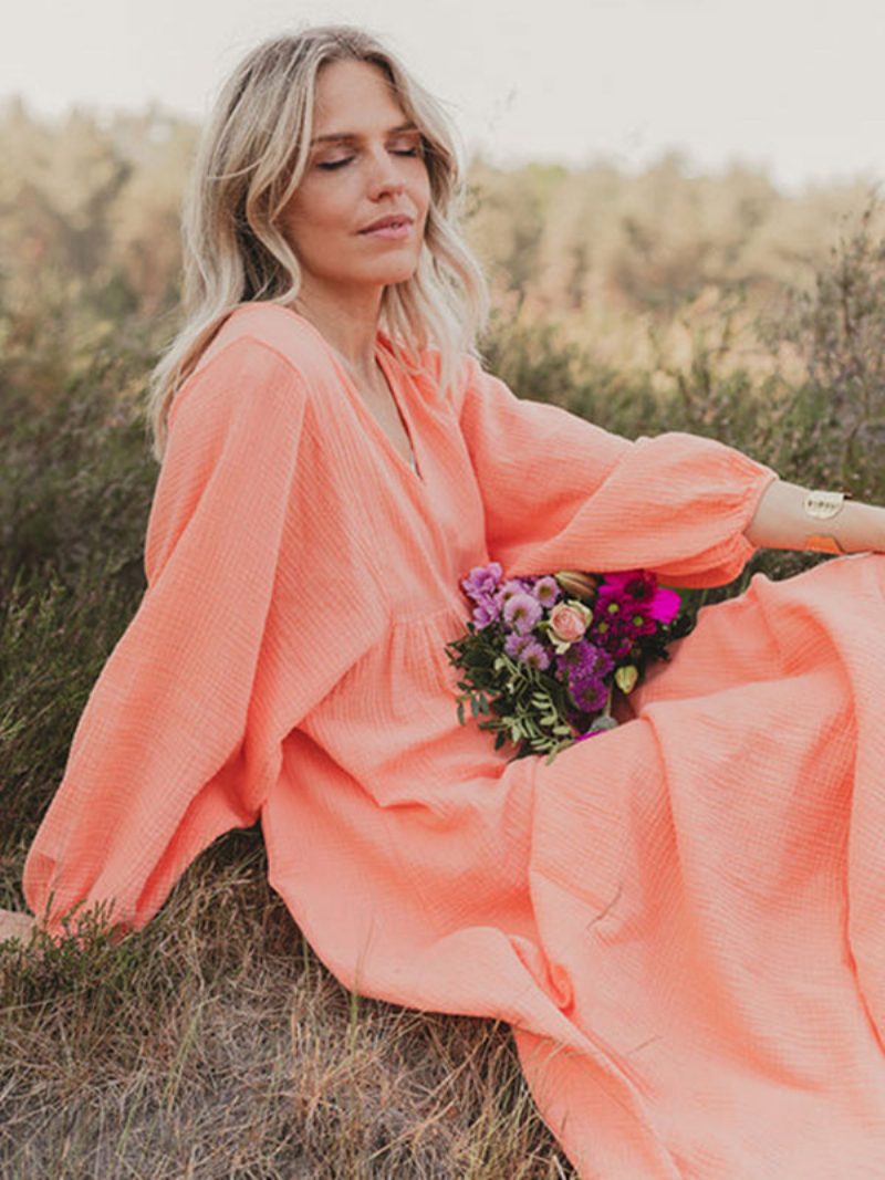 Damen Boho-kleid Plissiert V-ausschnitt Lange Ärmel Täglich Lässig Maxikleider - Orange