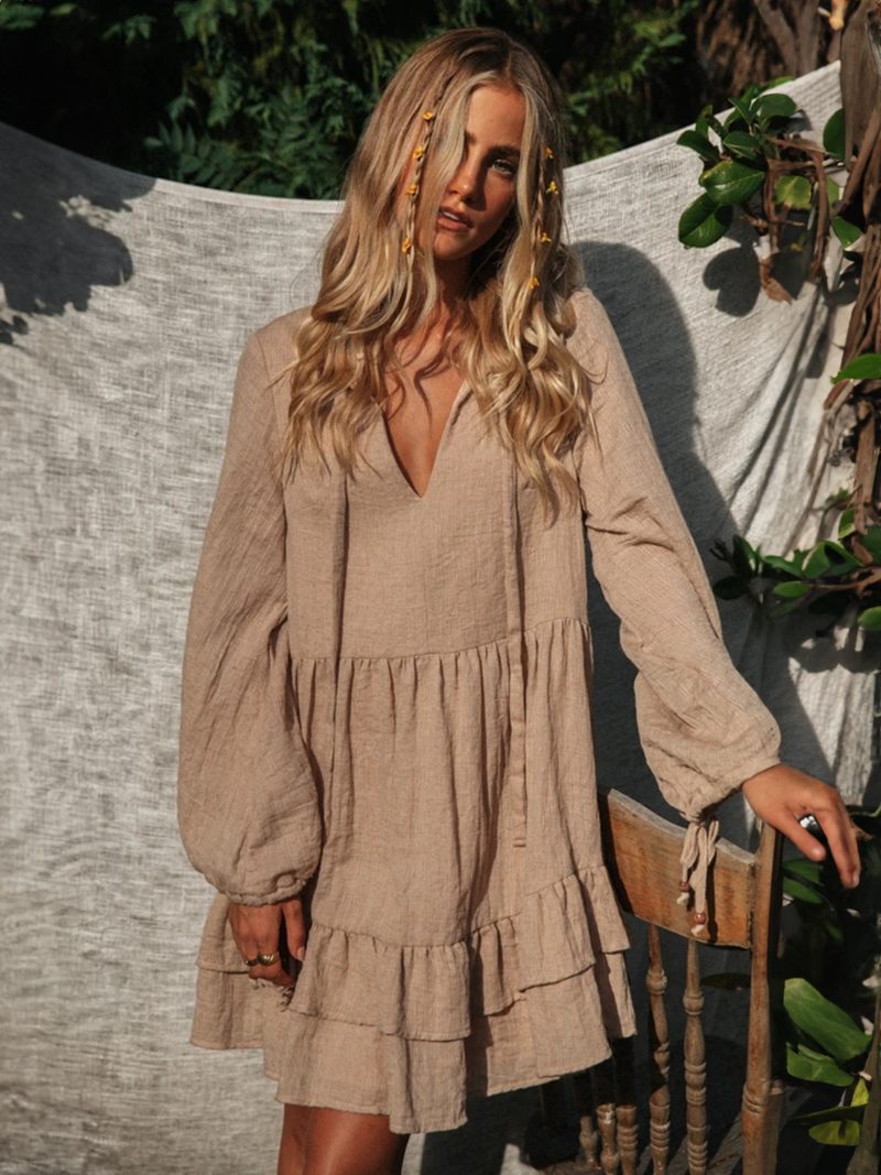 Damen Boho-kleid Schärpe V-ausschnitt Lange Ärmel Übergroßes Strandkleid - Kaffeebraun