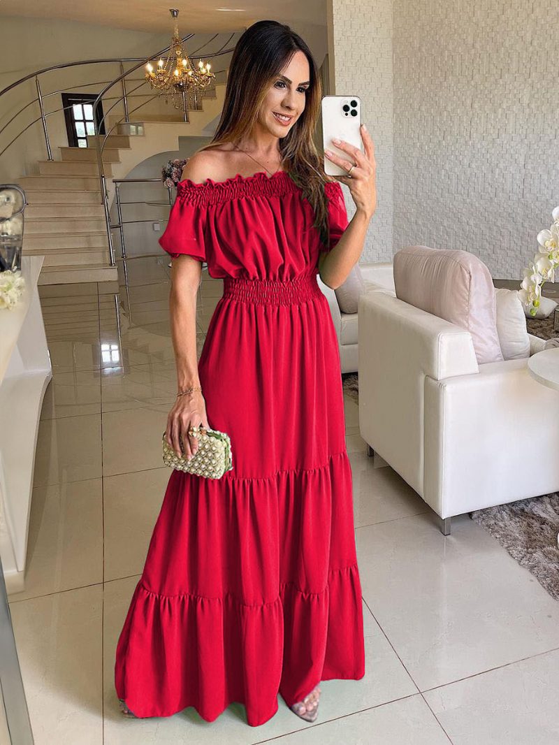 Damen-boho-kleid Schulterfrei Plissiert Gestuft Lässig Sommer-maxikleider - Rot