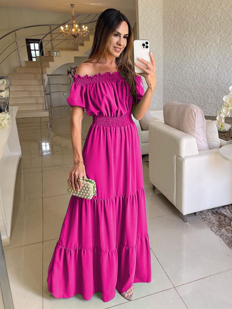 Damen-boho-kleid Schulterfrei Plissiert Gestuft Lässig Sommer-maxikleider - Rose