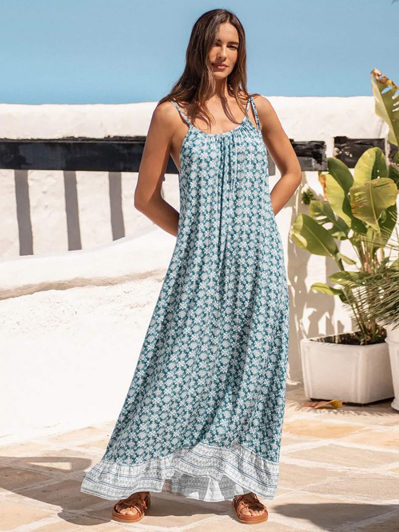 Damen Boho-kleid Spaghettiträger Träger Ausschnitt Ärmellos Bedruckt Übergroßes Strandkleid