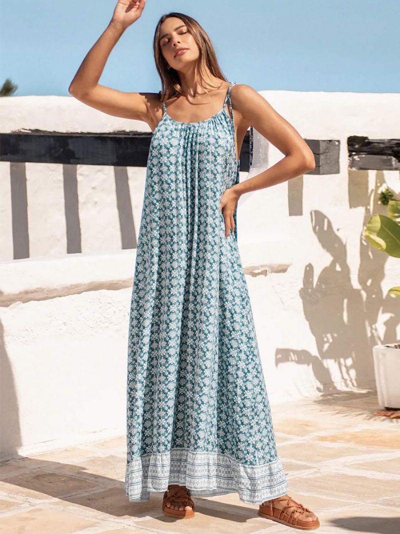 Damen Boho-kleid Spaghettiträger Träger Ausschnitt Ärmellos Bedruckt Übergroßes Strandkleid - Helles Himmelblau