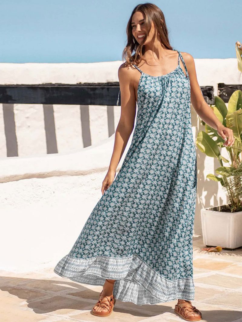 Damen Boho-kleid Spaghettiträger Träger Ausschnitt Ärmellos Bedruckt Übergroßes Strandkleid - Helles Himmelblau