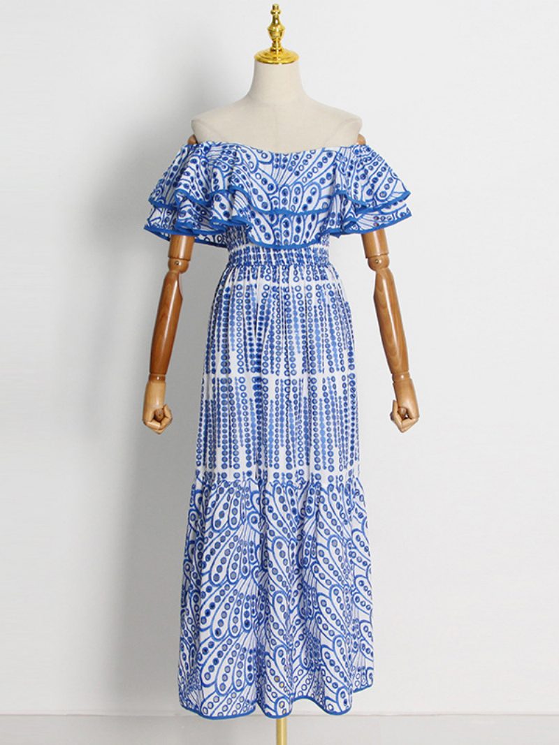 Damen-boho-kleid Trägerlos Bateau-ausschnitt Ärmellos Mehrlagige Spitze Sommerkleid - Helles Himmelblau