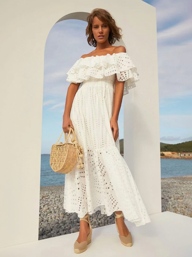 Damen-boho-kleid Trägerlos Bateau-ausschnitt Ärmellos Mehrlagige Spitze Sommerkleid - Weiß