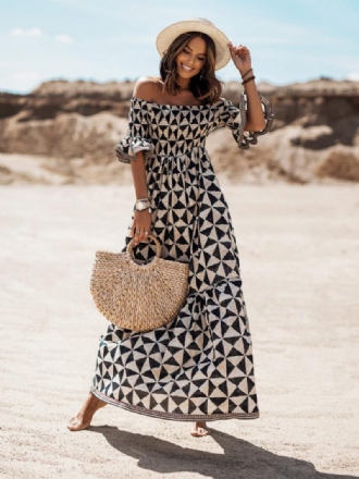 Damen-boho-kleid Trägerlos Halbe Ärmel Strandkleid