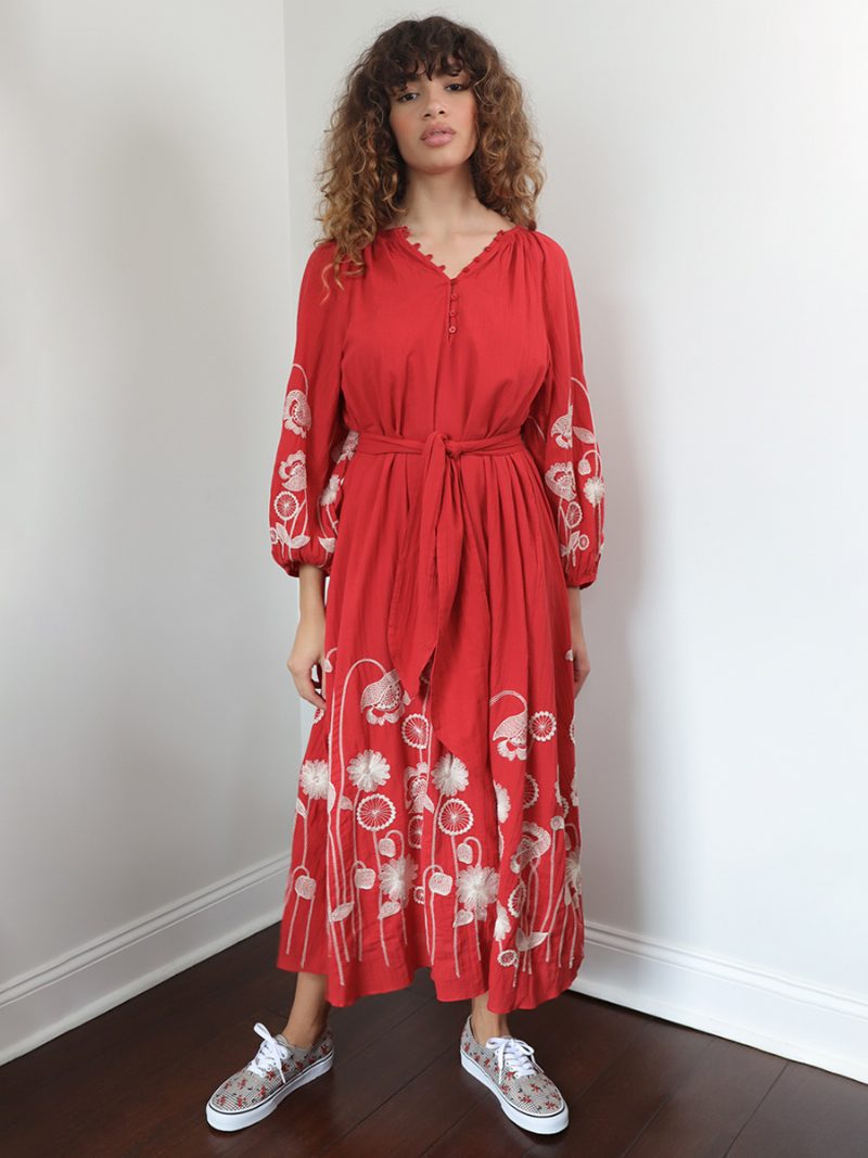 Damen Boho-kleid V-ausschnitt 3/4-ärmel Schärpe Sommerkleid - Rot