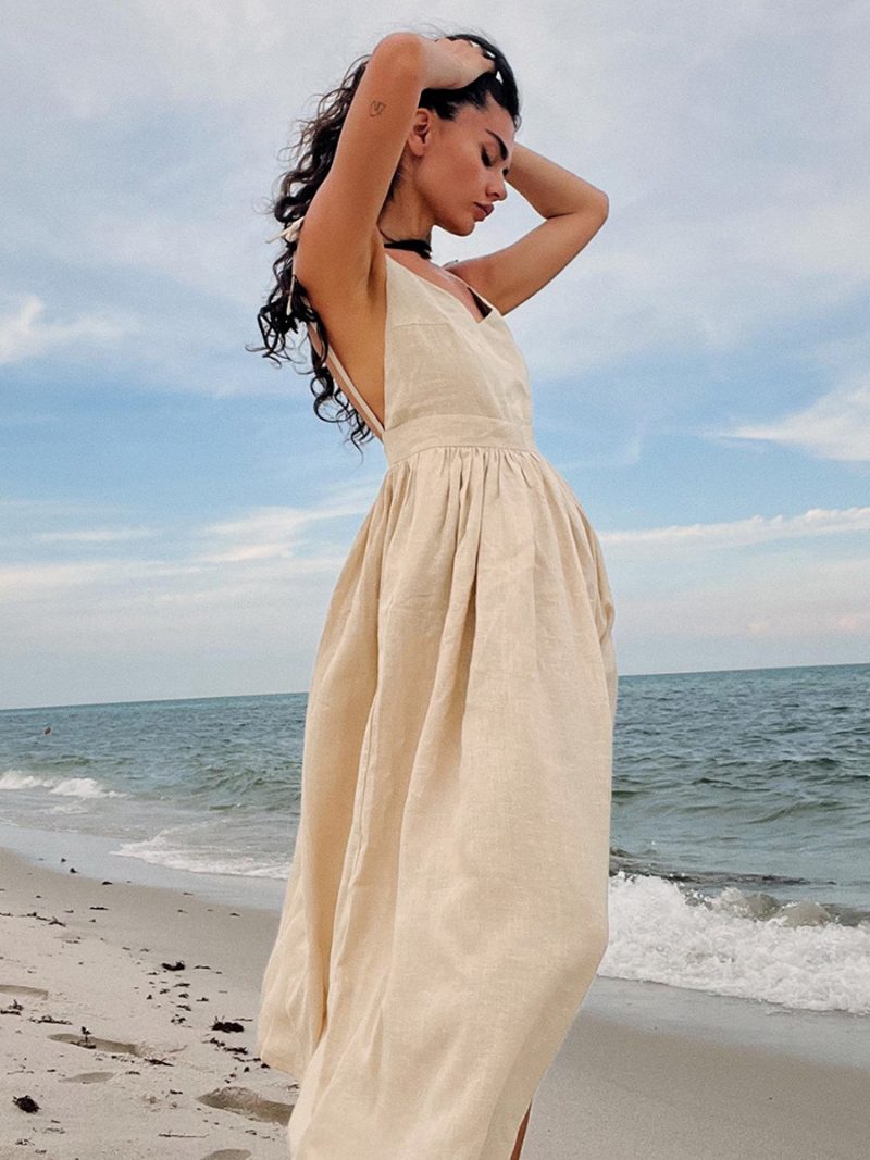 Damen Boho-kleid V-ausschnitt Ärmellos Rückenfrei Lässig Sommer Strandkleider