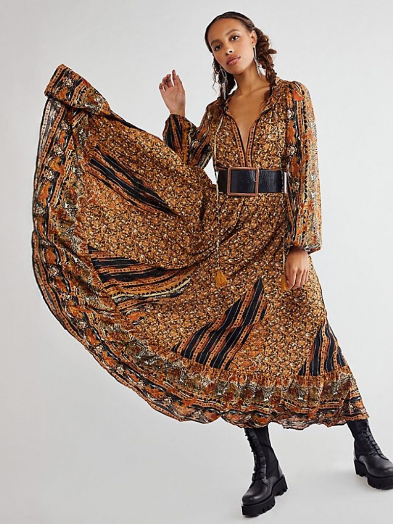 Damen Boho-kleid V-ausschnitt Lange Ärmel Blumendruck Schnürung Sommerkleid - Kaffeebraun