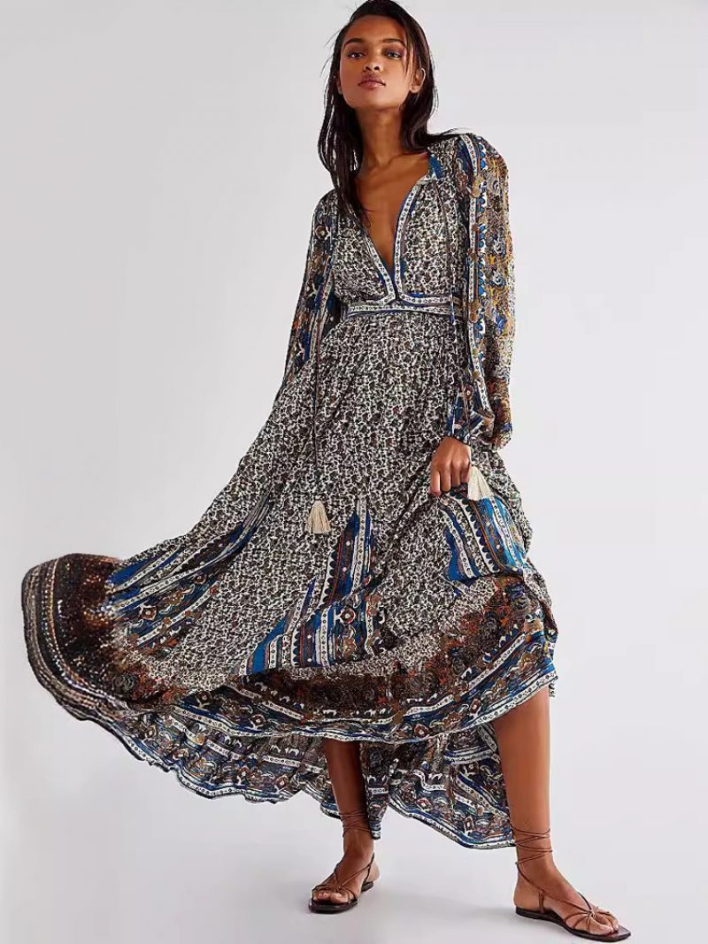 Damen Boho-kleid V-ausschnitt Lange Ärmel Blumendruck Schnürung Sommerkleid - Blau