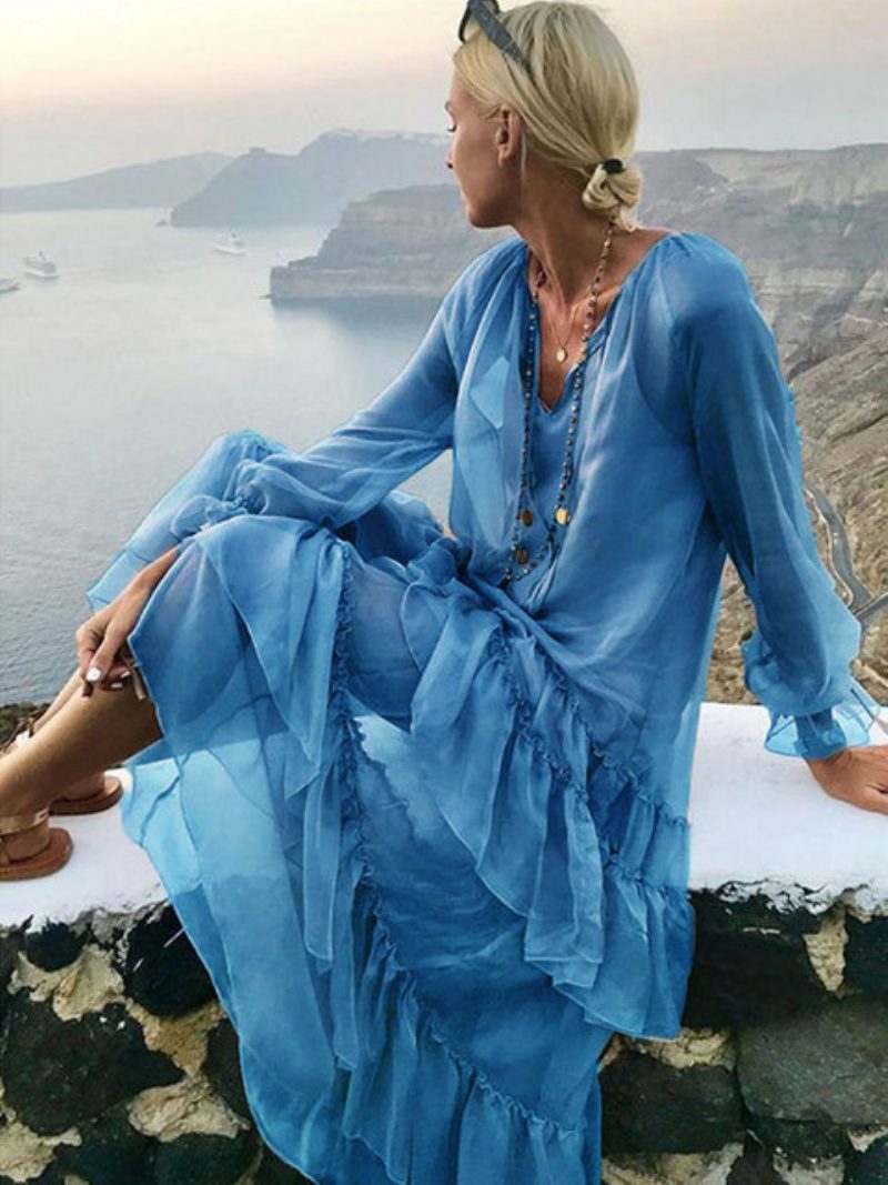 Damen Boho-kleid V-ausschnitt Lange Ärmel Strandkleid - Blau