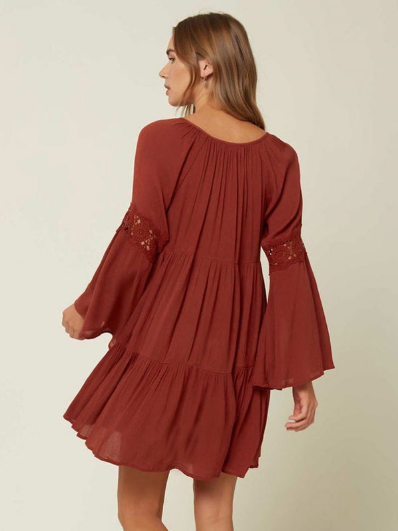 Damen-boho-kleid V-ausschnitt Lange Ärmel Übergroßes Ausgeschnittenes Sommerkleid - Burgund