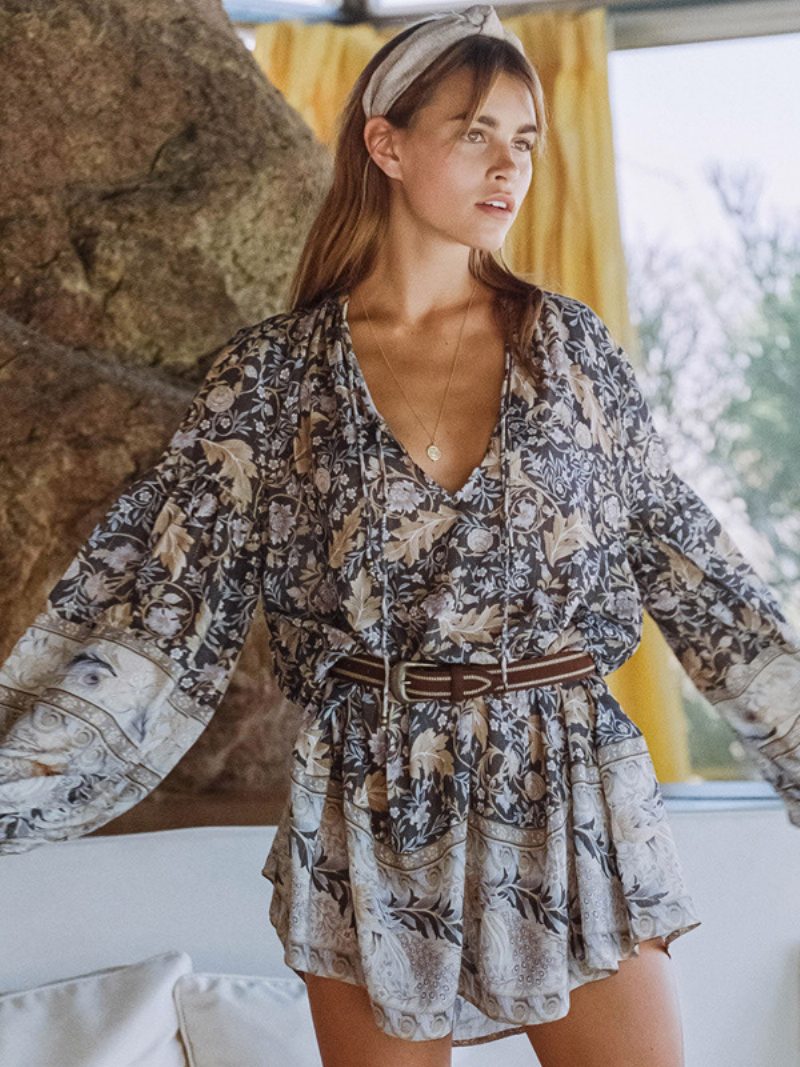 Damen Boho-kleid V-ausschnitt Laternenärmel Schnürung Lockere Lässige Resort-kleider - Schwarz