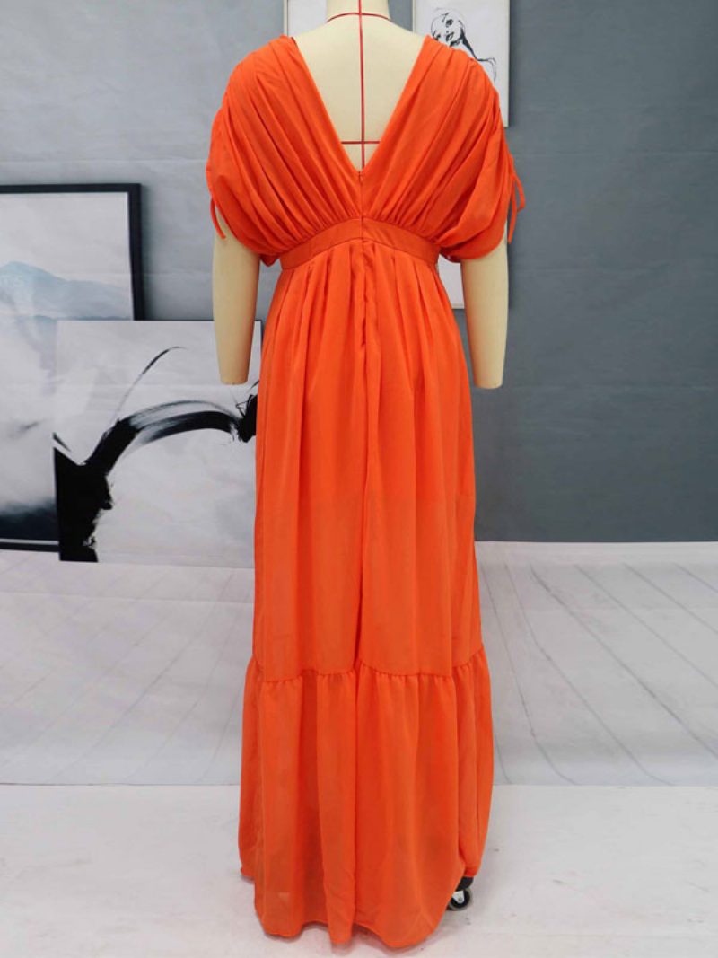 Damen Maxikleid Orange Rot V-ausschnitt Kurze Ärmel Rückenfreies Langes Kleid - Orange