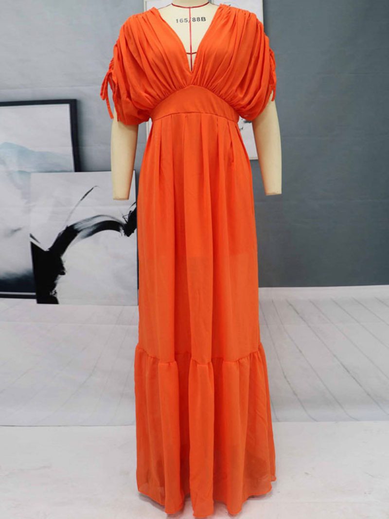 Damen Maxikleid Orange Rot V-ausschnitt Kurze Ärmel Rückenfreies Langes Kleid - Orange