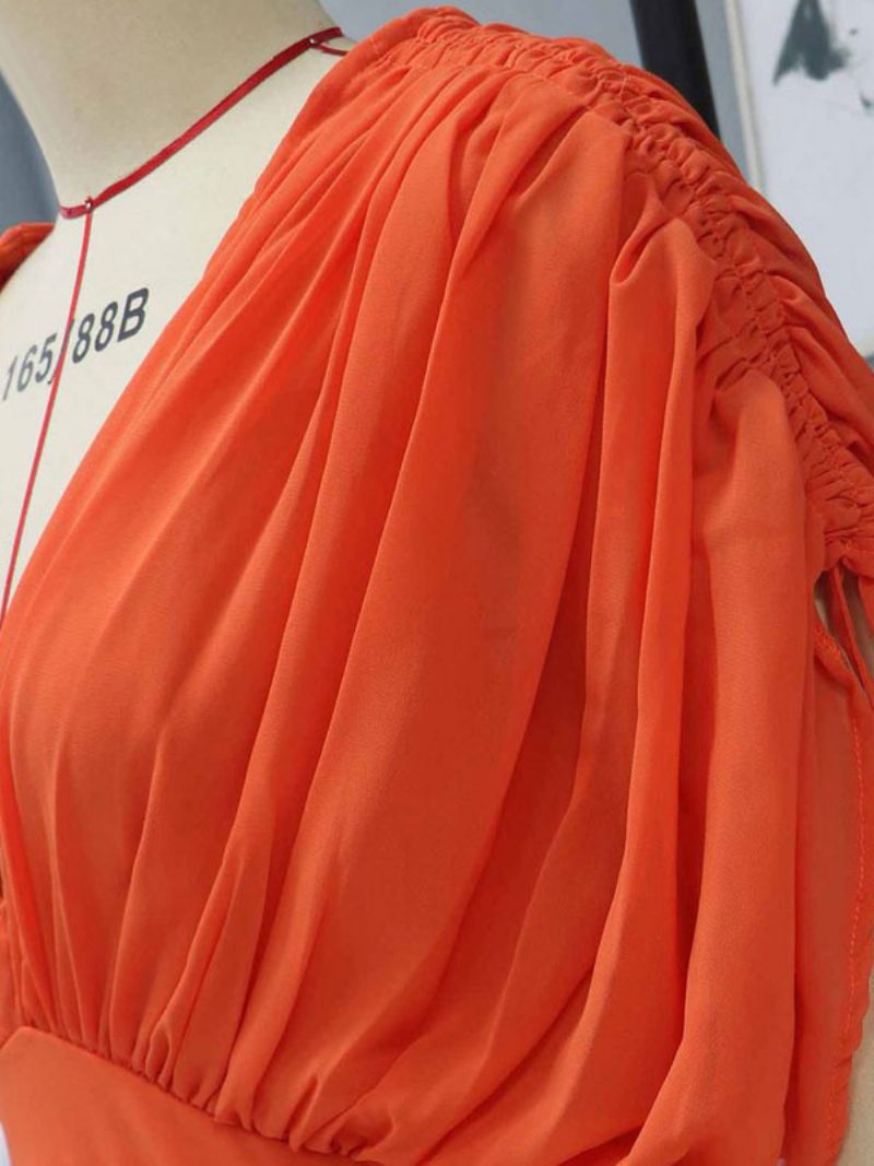 Damen Maxikleid Orange Rot V-ausschnitt Kurze Ärmel Rückenfreies Langes Kleid - Orange