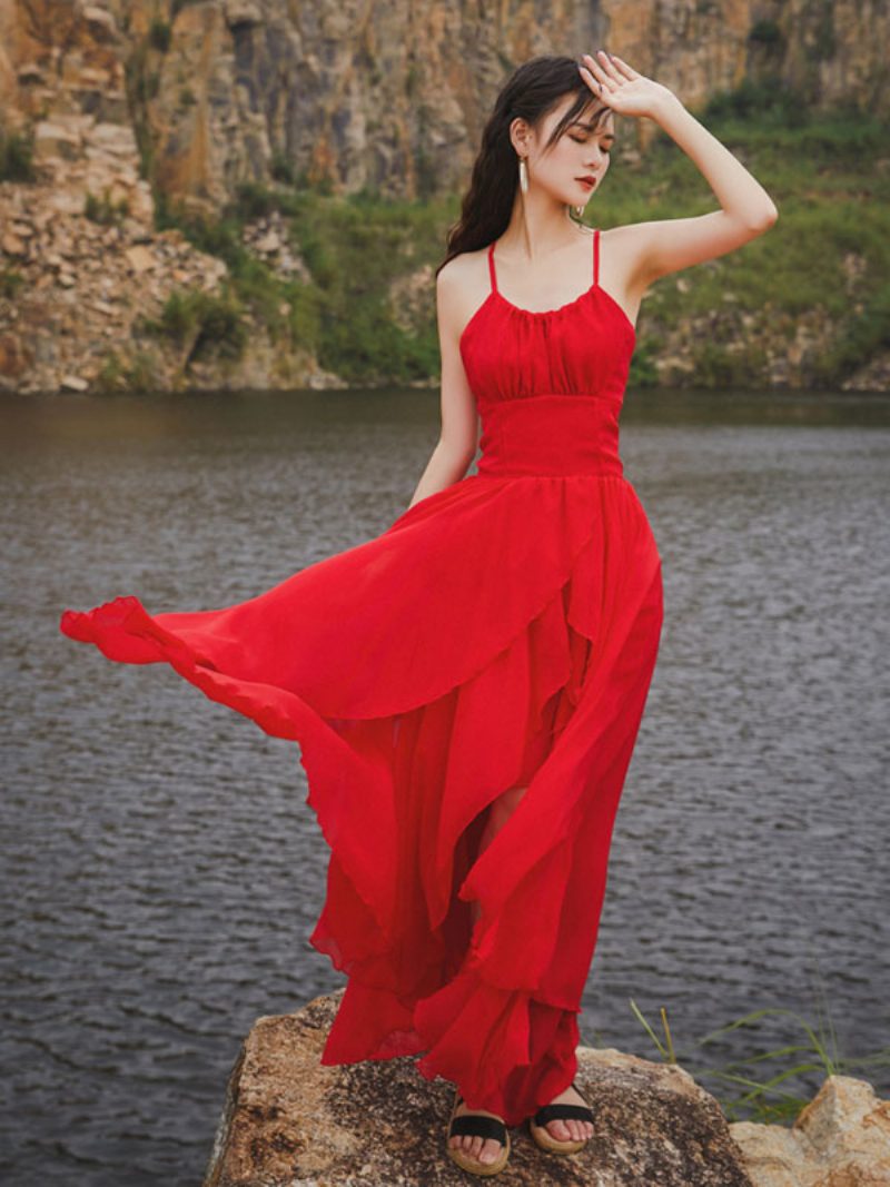 Langes Damenkleid Mit V-ausschnitt Ärmellos High-low-strandkleid - Rot