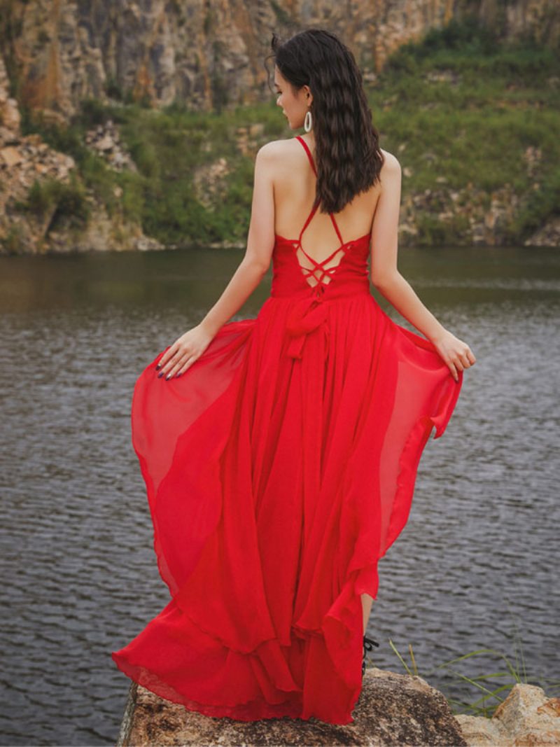 Langes Damenkleid Mit V-ausschnitt Ärmellos High-low-strandkleid - Rot