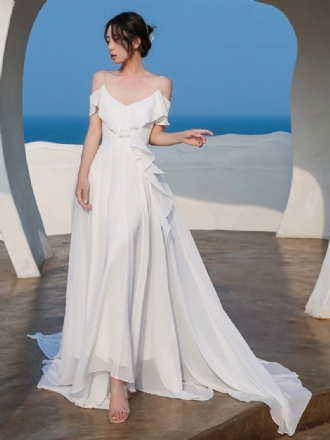 Langes Kleid Für Damen Chiffon V-ausschnitt Spaghettiträger Offener Rücken Strandhochzeitskleider