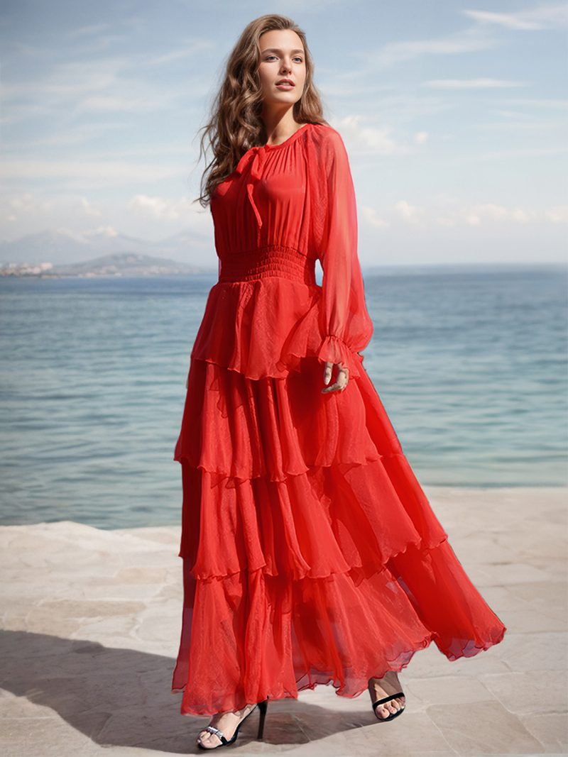 Rotes Gestuftes Kleid Für Damen Mit Schleife Plissiert Rundhalsausschnitt Boho-freizeit-maxikleider - Rot