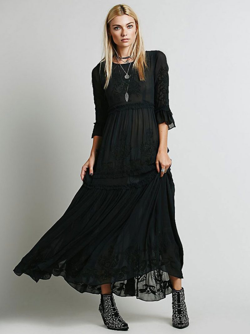 Weißes Boho-kleid Aus Baumwolle Mit Rundhalsausschnitt 3/4-ärmel Bestickt Boho-zigeuner-frühlings-herbst-hochzeit Langes Brautkleid Für Frauen - Schwarz