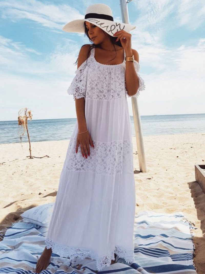 Weißes Boho-kleid Für Damen Maxikleid Spitze Halbe Ärmel Kalte Schulter Strandkleid