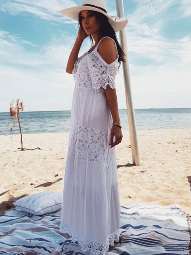 Weißes Boho-kleid Für Damen Maxikleid Spitze Halbe Ärmel Kalte Schulter Strandkleid - Weiß