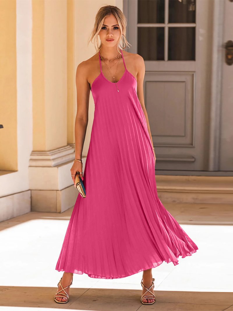 Boho-kleid Für Damen Neckholder Offener Rücken Gerüscht Lässige Sommerkleider Einfarbiger Farbe - Rose