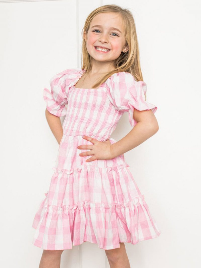 Damen Barbie Pink Gingham Kleid Eltern-kind-kariertes Mittelgroßes Sommerkleid Mit Quadratischem Ausschnitt - Rosa