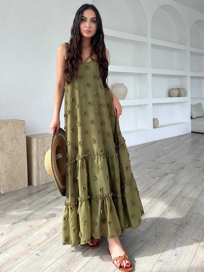 Damen Boho-kleid Rüschen Träger Ausschnitt Ärmellos Übergroßes Sommerkleid - Jägergrün