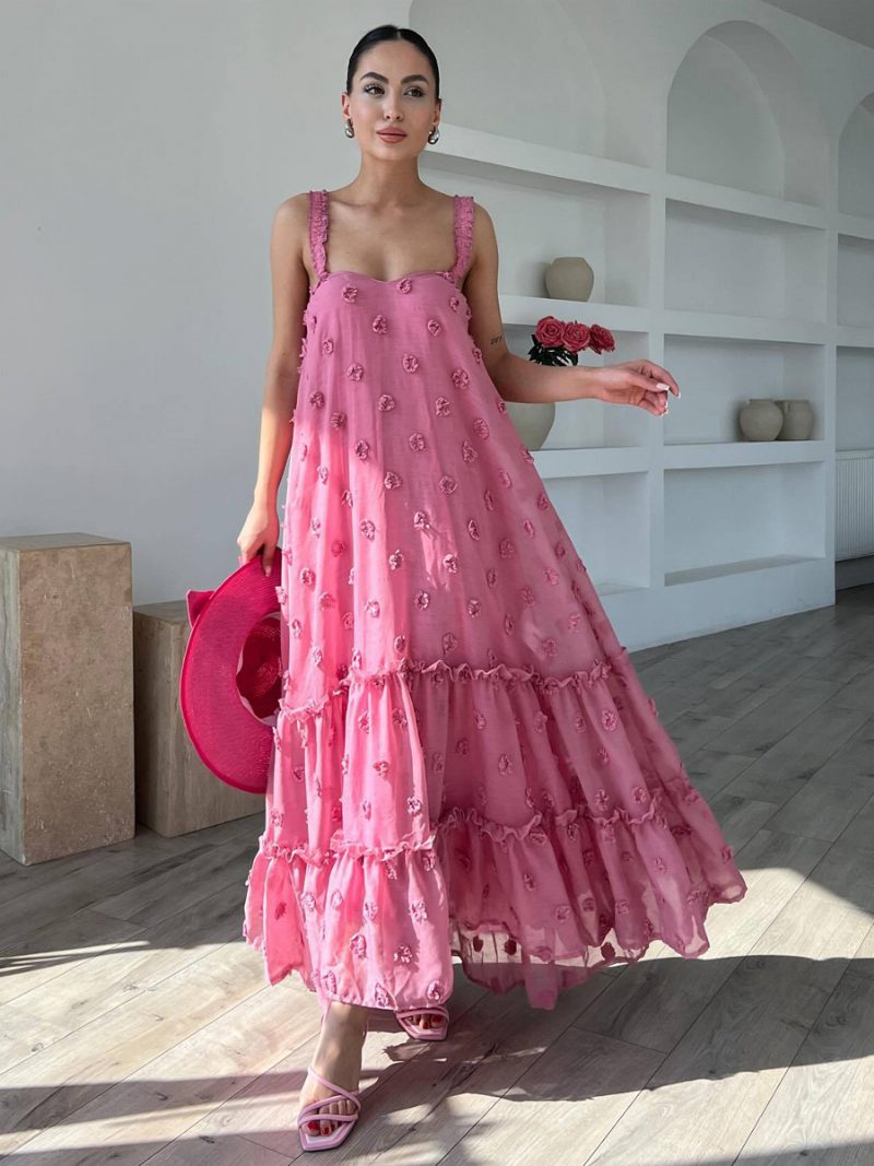 Damen Boho-kleid Rüschen Träger Ausschnitt Ärmellos Übergroßes Sommerkleid - Rose