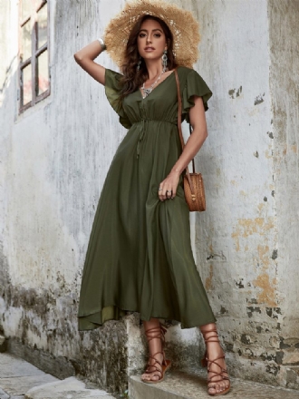 Damen Boho-kleid V-ausschnitt Flatterärmel Taille Kordelzug Lässige Sommer-maxikleider