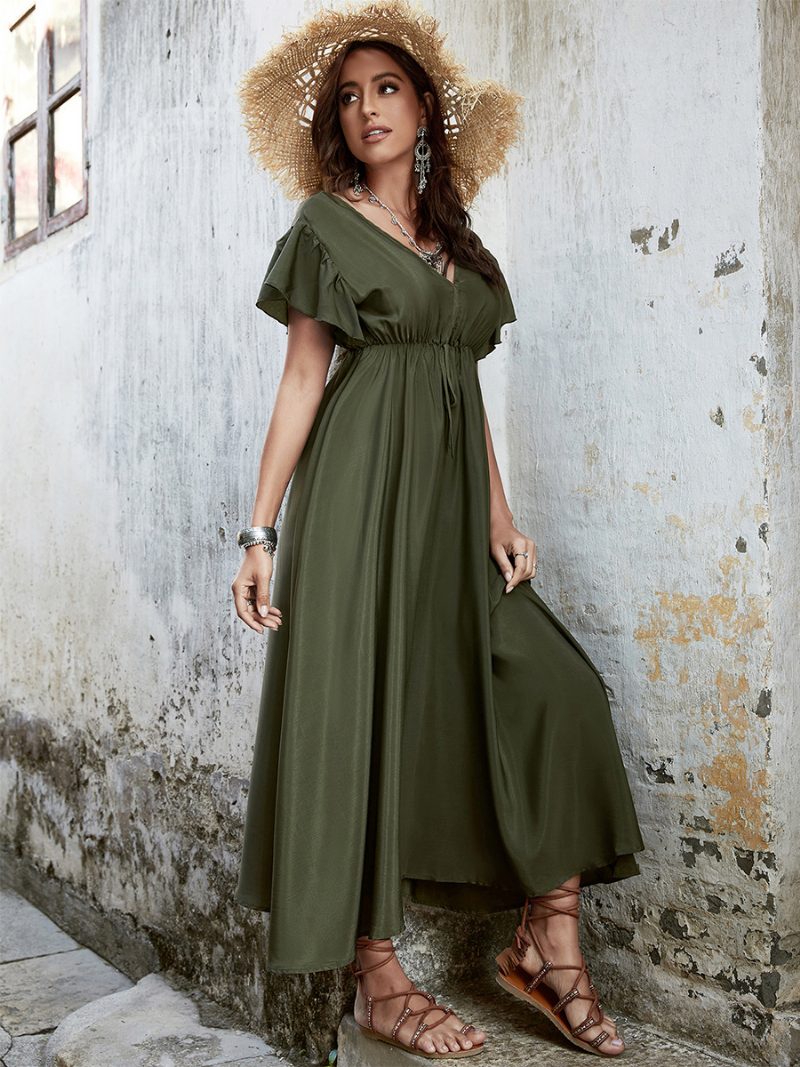 Damen Boho-kleid V-ausschnitt Flatterärmel Taille Kordelzug Lässige Sommer-maxikleider - Jägergrün