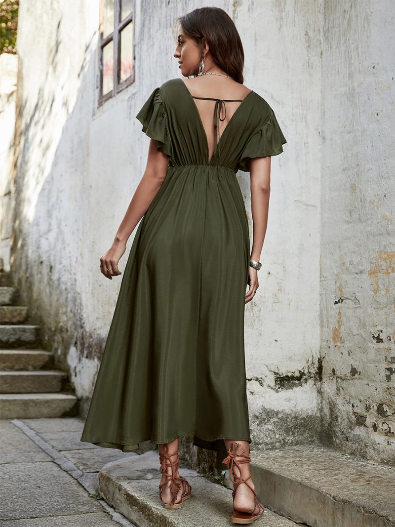 Damen Boho-kleid V-ausschnitt Flatterärmel Taille Kordelzug Lässige Sommer-maxikleider - Jägergrün