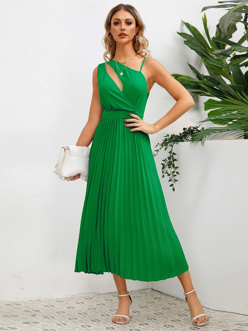 Damen-freizeitkleid Ausschnitt Asymmetrische Schulter Rüschen Sommer-midi-kleider - Grün