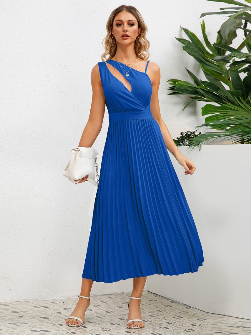 Damen-freizeitkleid Ausschnitt Asymmetrische Schulter Rüschen Sommer-midi-kleider - Blau