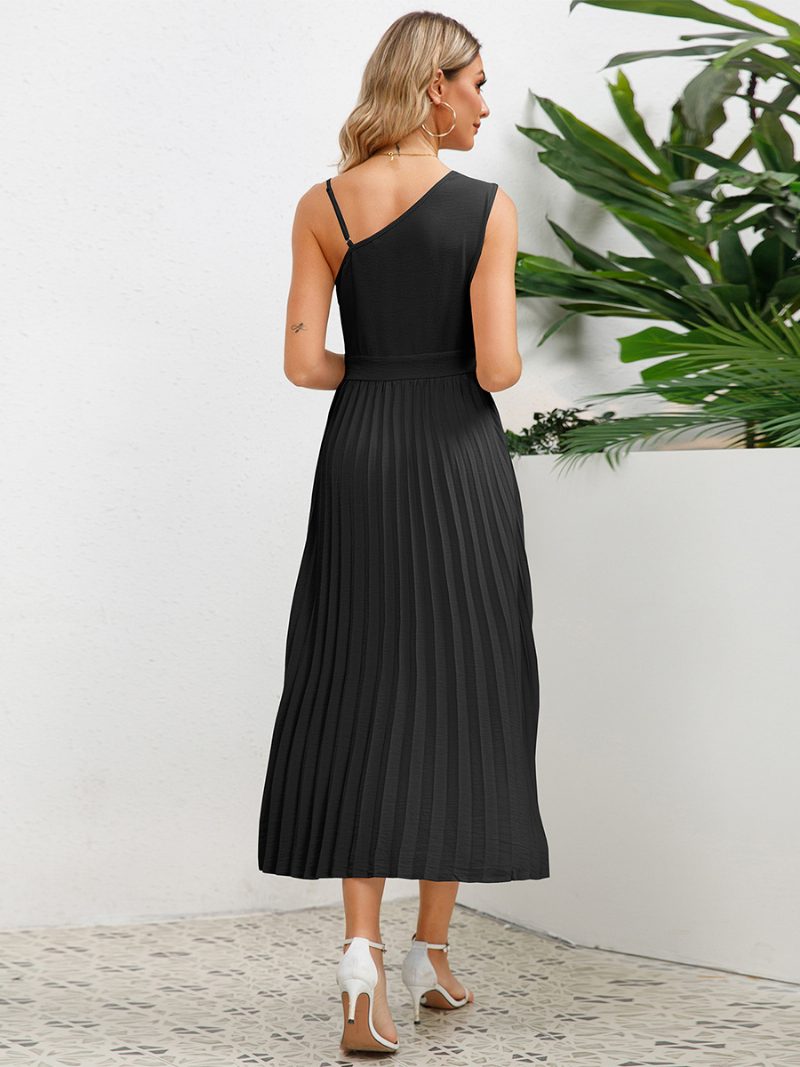 Damen-freizeitkleid Ausschnitt Asymmetrische Schulter Rüschen Sommer-midi-kleider - Schwarz