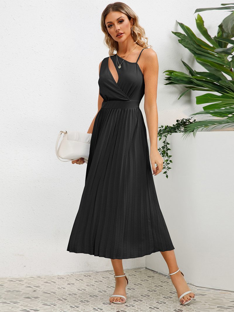 Damen-freizeitkleid Ausschnitt Asymmetrische Schulter Rüschen Sommer-midi-kleider - Schwarz