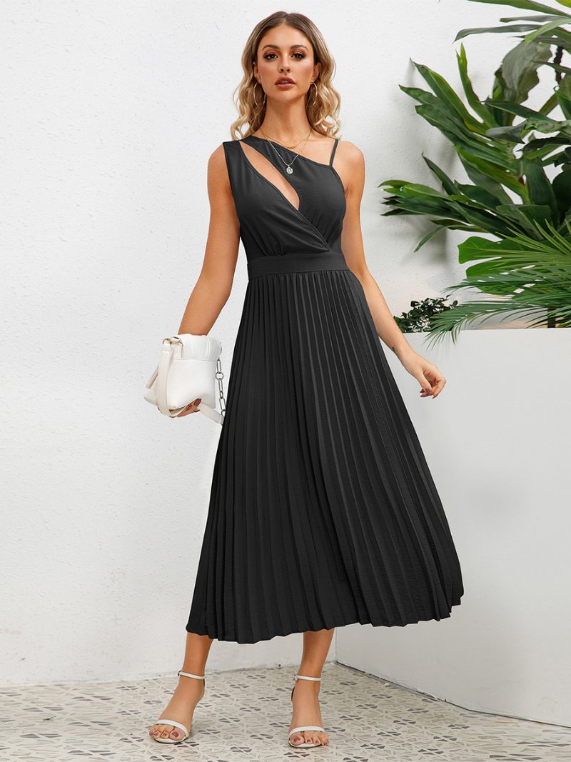 Damen-freizeitkleid Ausschnitt Asymmetrische Schulter Rüschen Sommer-midi-kleider - Schwarz