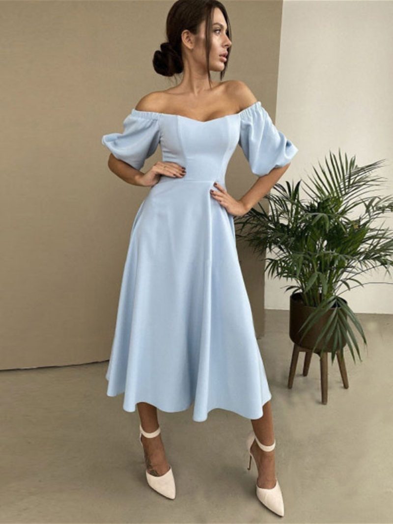 Damen-midikleid Bateau-ausschnitt Halbe Ärmel Halbformelles Party-abschlussballkleid - Babyblau