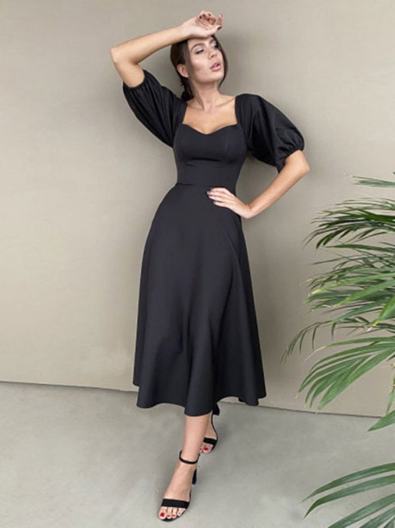 Damen-midikleid Bateau-ausschnitt Halbe Ärmel Halbformelles Party-abschlussballkleid - Schwarz