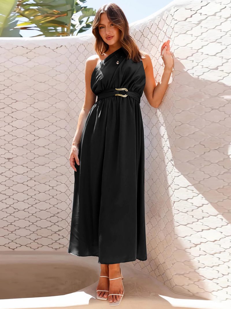 Damen-partykleid Eine Schulter Ärmellos Metalldetails Asymmetrisch Einfarbig Midi-kleider