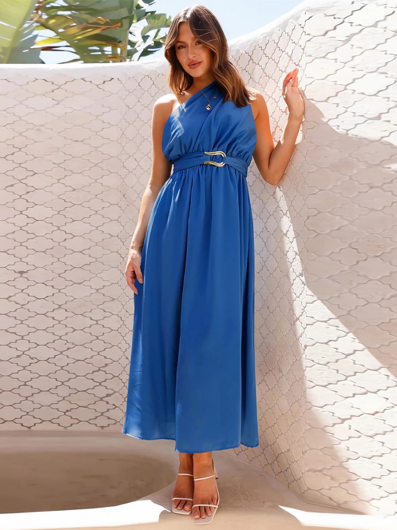 Damen-partykleid Eine Schulter Ärmellos Metalldetails Asymmetrisch Einfarbig Midi-kleider - Blau