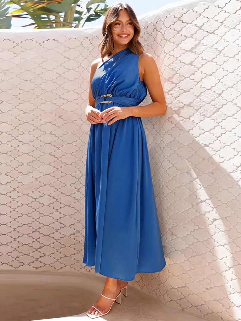 Damen-partykleid Eine Schulter Ärmellos Metalldetails Asymmetrisch Einfarbig Midi-kleider - Blau