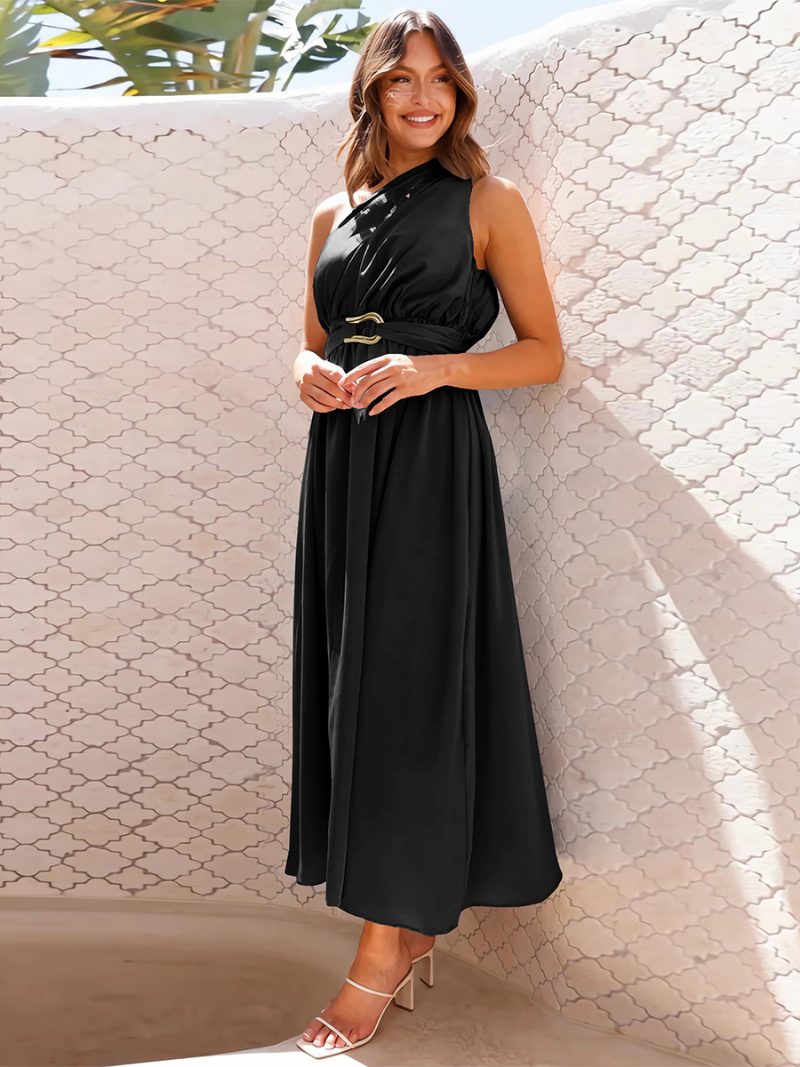 Damen-partykleid Eine Schulter Ärmellos Metalldetails Asymmetrisch Einfarbig Midi-kleider - Schwarz