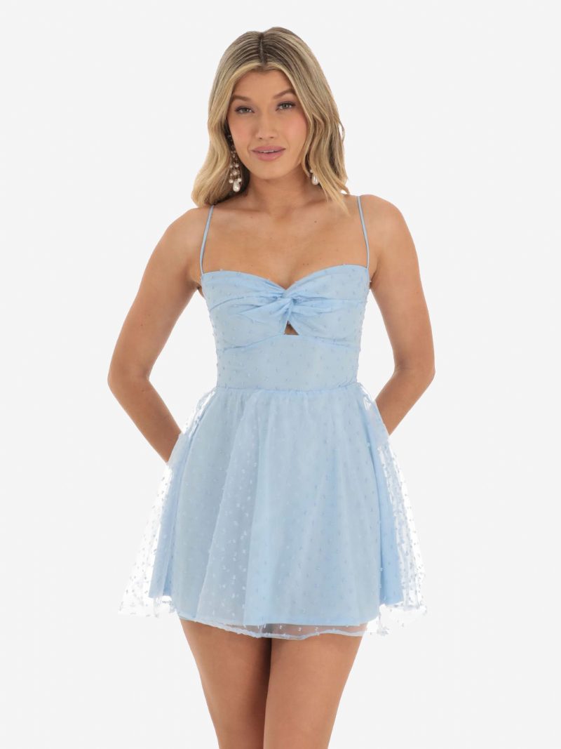 Damen-partykleid Mit Blumendruck Spaghettiträger Ausschnitt Gedrehte Vorderseite Minikleider - Helles Himmelblau