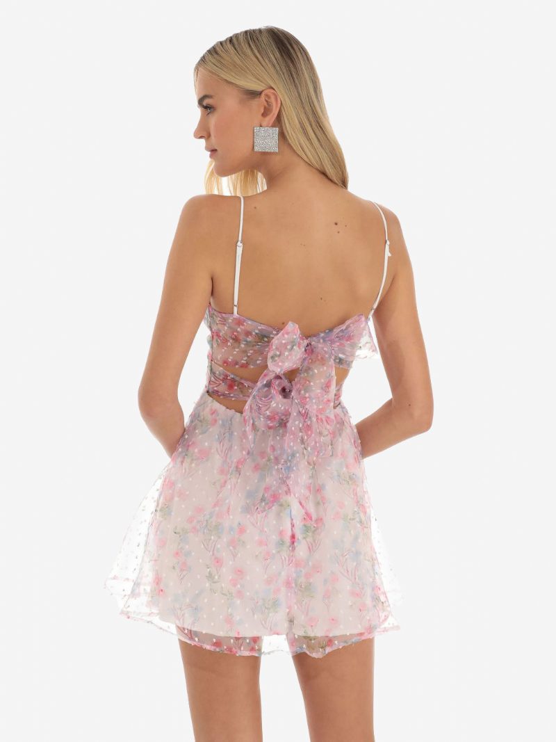 Damen-partykleid Mit Blumendruck Spaghettiträger Ausschnitt Gedrehte Vorderseite Minikleider - Rosa